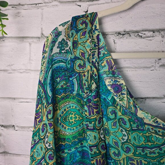 CACHE 100% SILK ONE-SHOULDER GREEN AND BLUE PAISLEY PRINT BLOUSE WOMENS SIZE MED - Picture 9 of 10